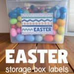 Clear storage bin full of plastic Easter eggs with an Easter label on the end.