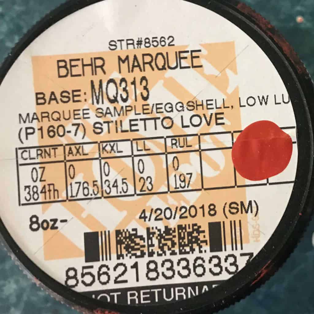 The top of a Behr Marquee sample in the color of stiletto love.