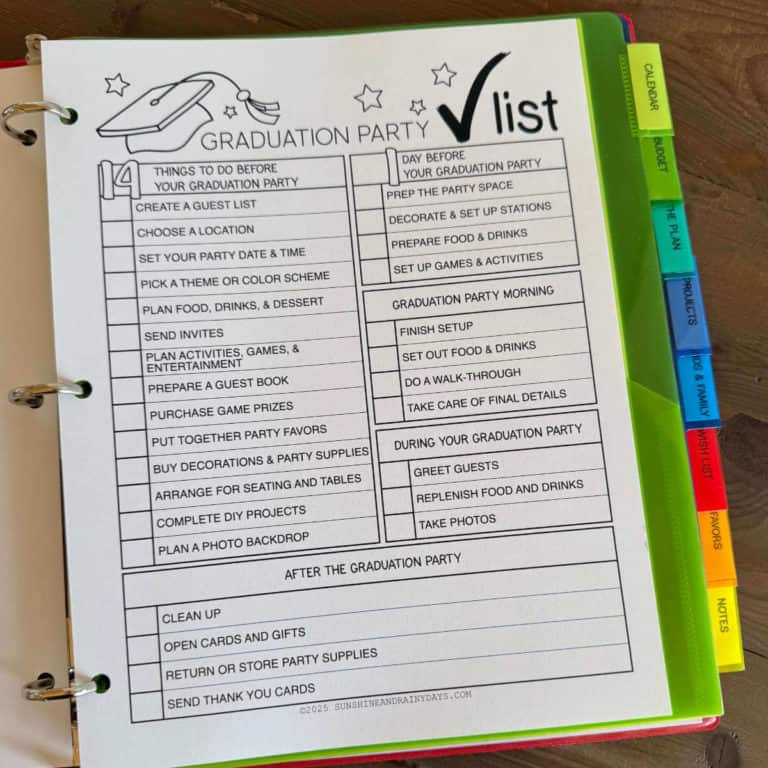 Graduation party checklist printable in a 3-ring binder with tabs for different sections.
