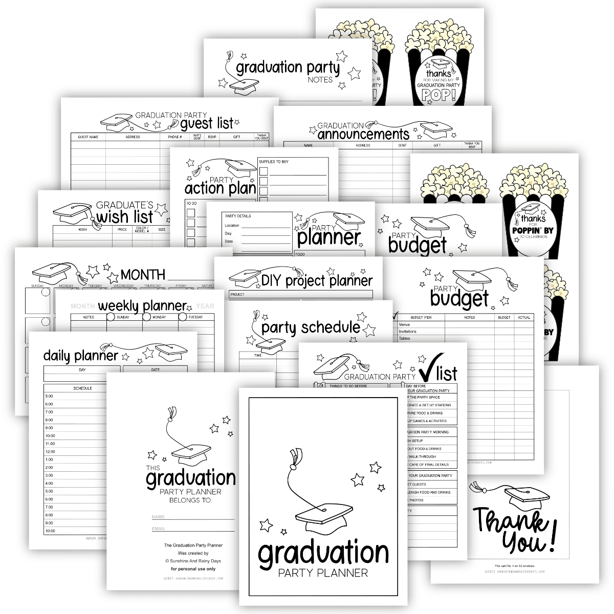 Printable pages for a graduation party planner.