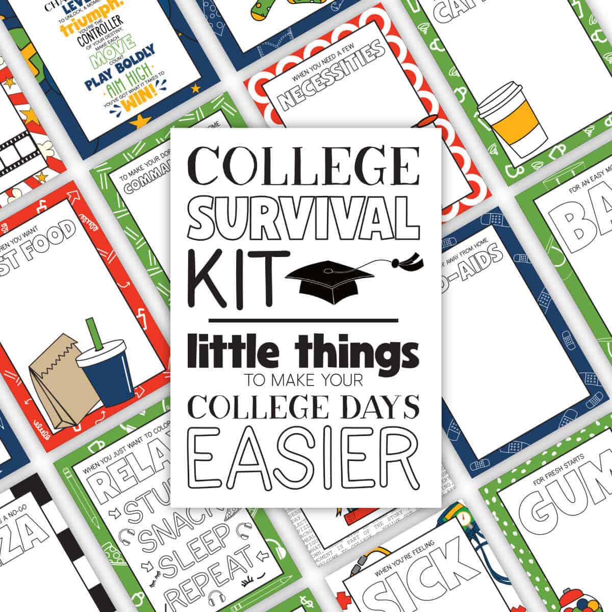 Pages you can print to create a College Survival Kit Gift Book.