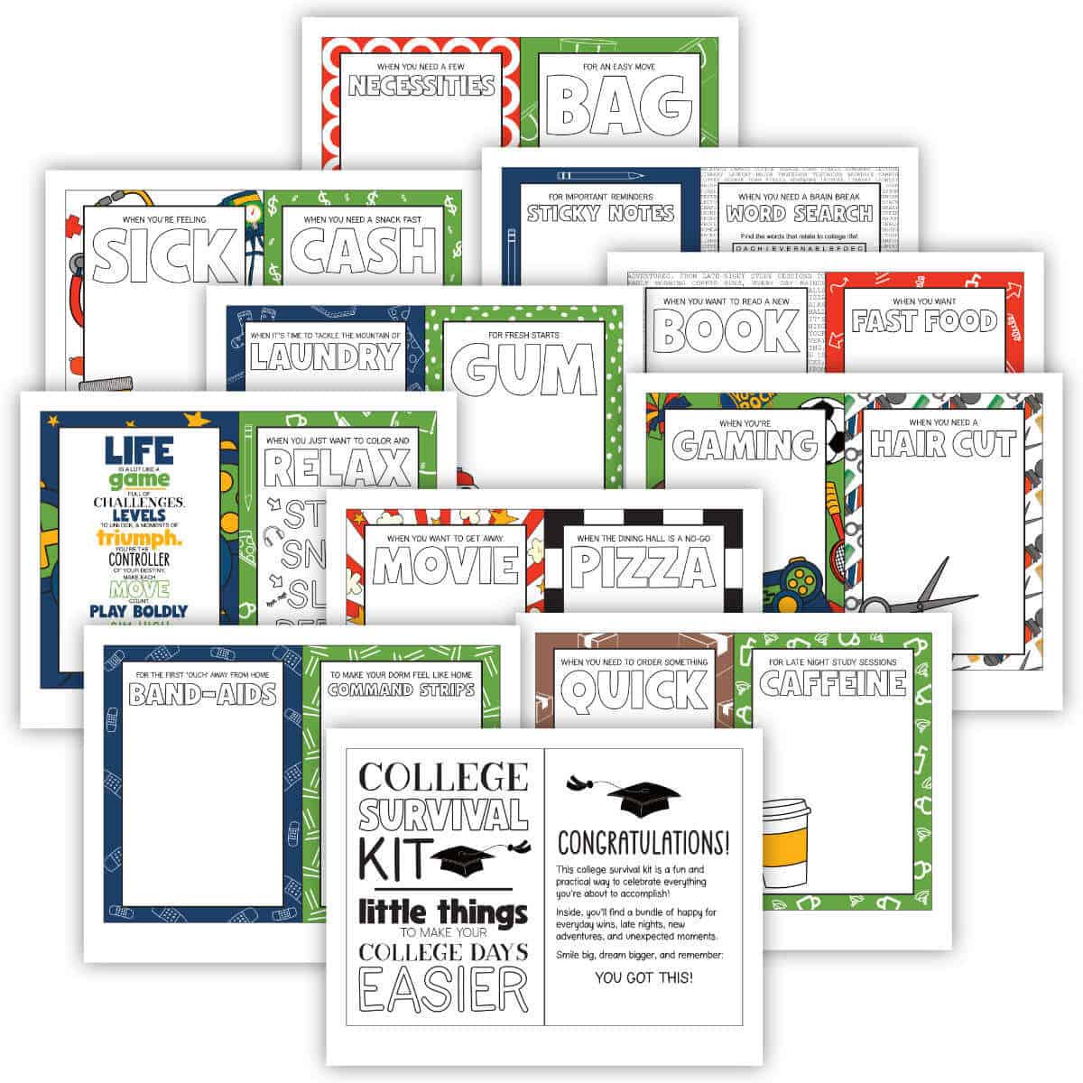 Printable pages for a College Survival Kit gift book.