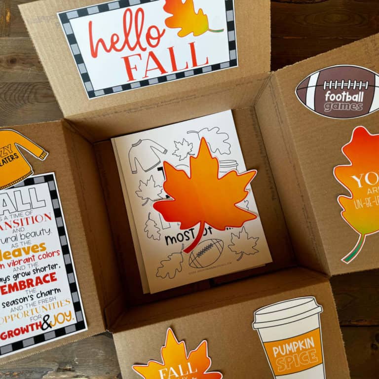 Box with printable fall decor on the box flaps.