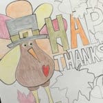 Thanksgiving coloring page that has been colored part way.