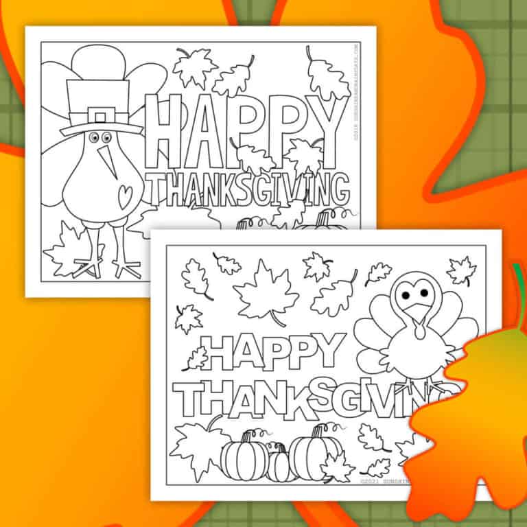 Two printable Thanksgiving coloring pages with clipart fall leaves in the background.