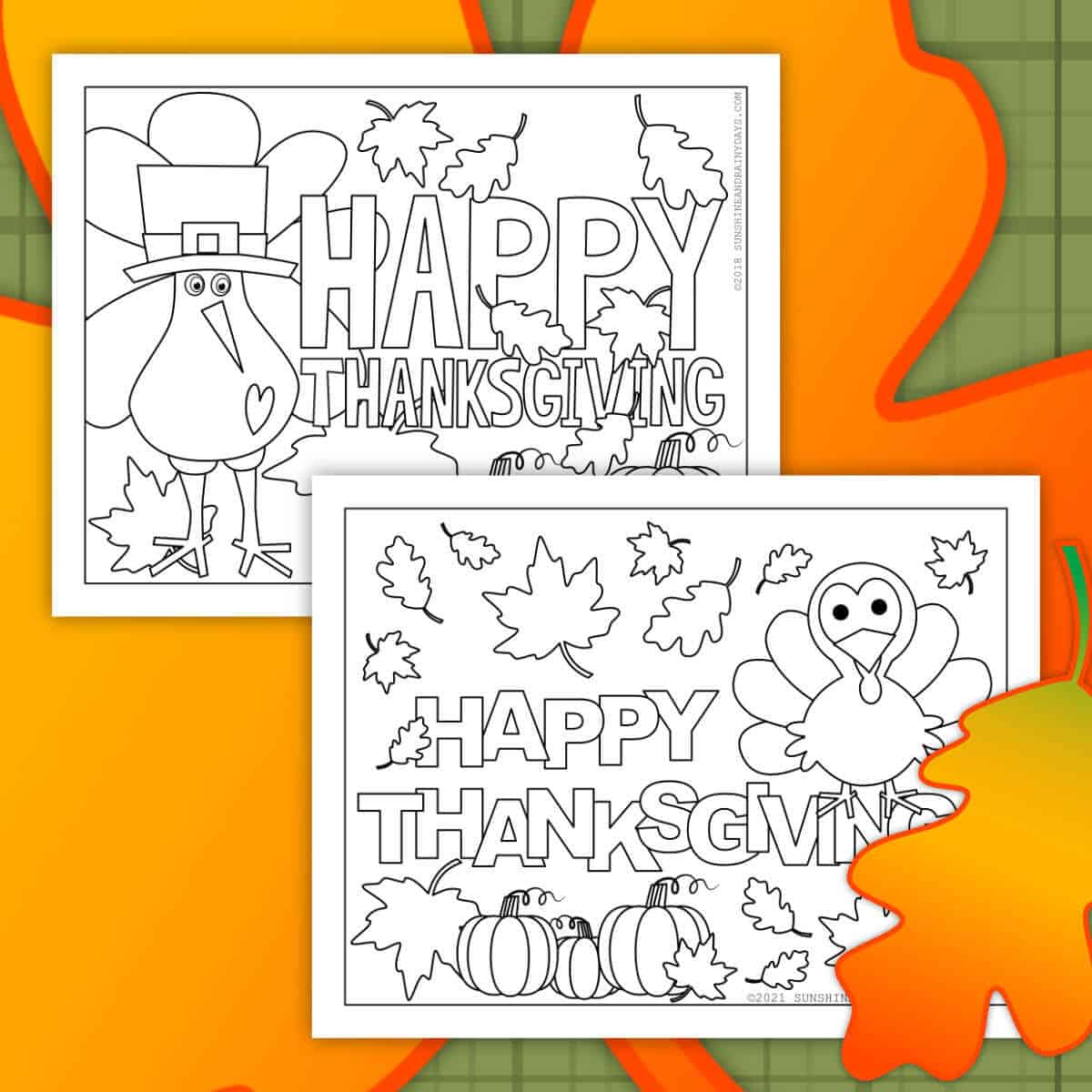 Two printable Thanksgiving coloring pages with clipart fall leaves in the background.