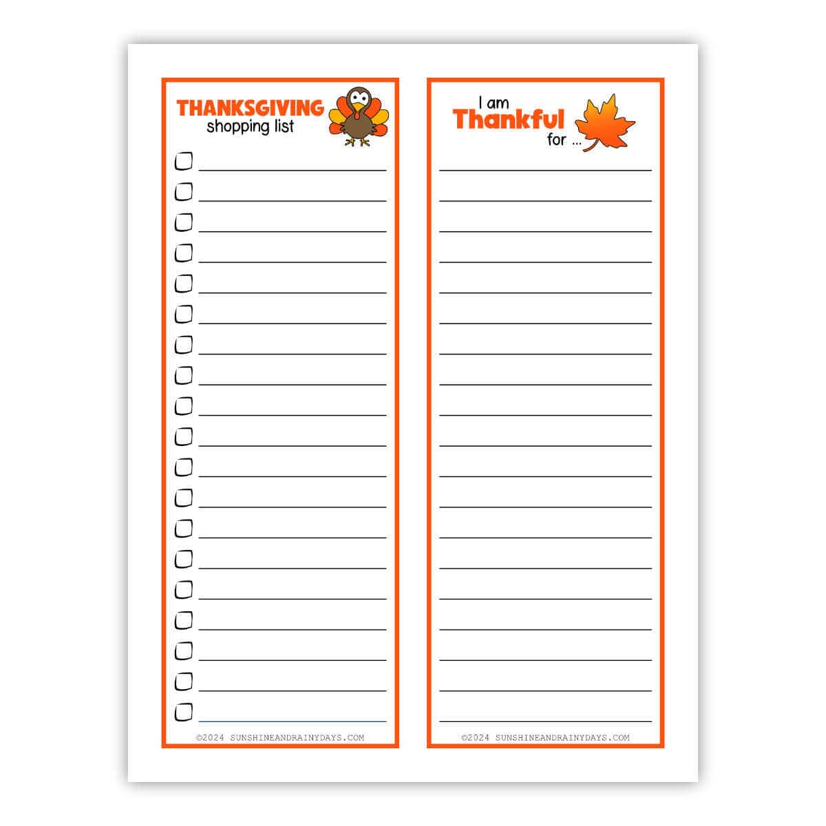 Printable Thanksgiving shopping list and thankful for list.