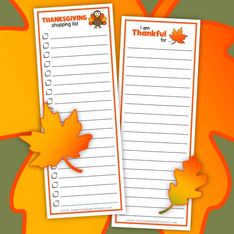 Printable Thanksgiving shopping list and thankful list with clipart fall leaves.