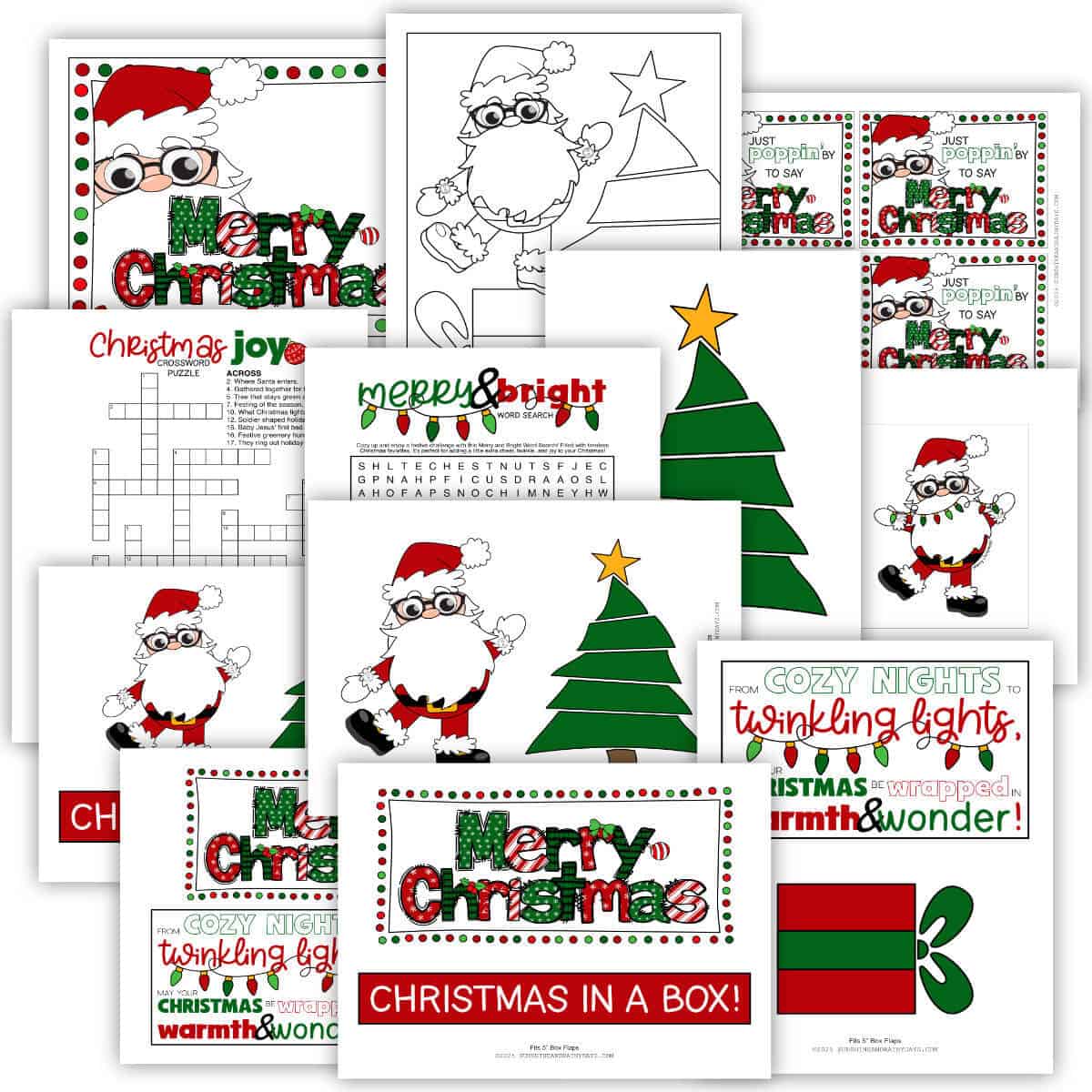 Image of printable pages to transform an ordinary box into a Christmas Care Package.