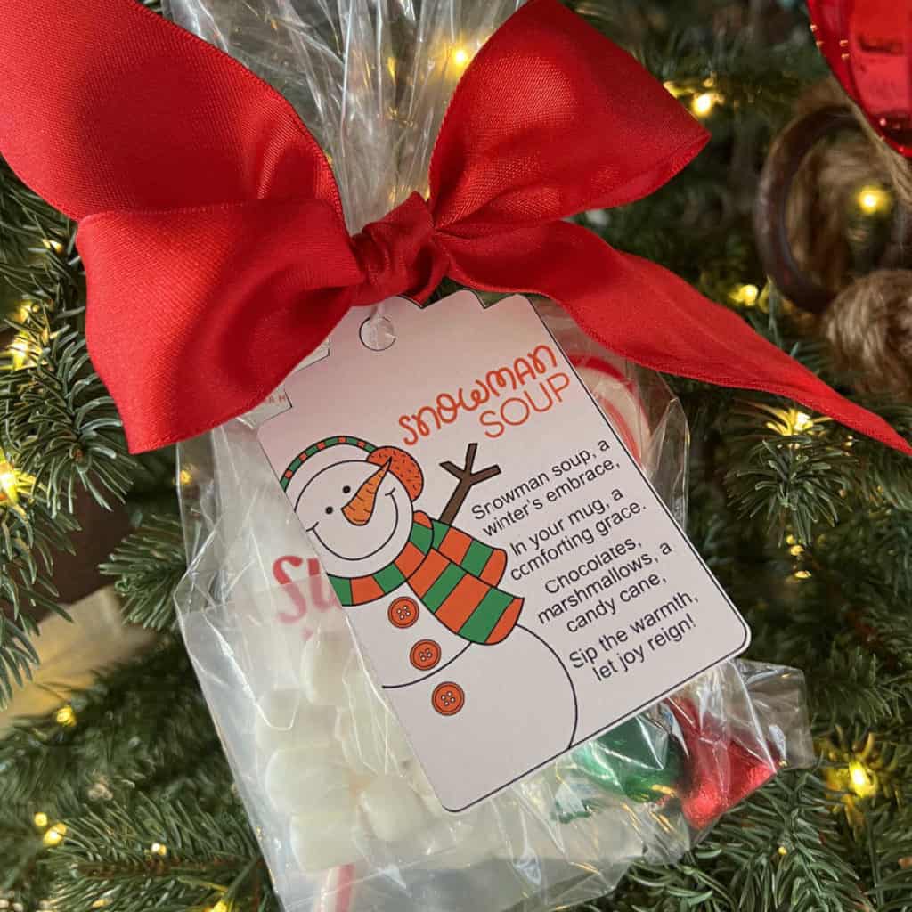 Snowman Soup ingredients in a treat bag tied off with a ribbon and a festive poem.