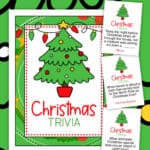 Image of a printable Christmas Trivia cover page with a clipart Christmas tree and three trivia cards next to it.