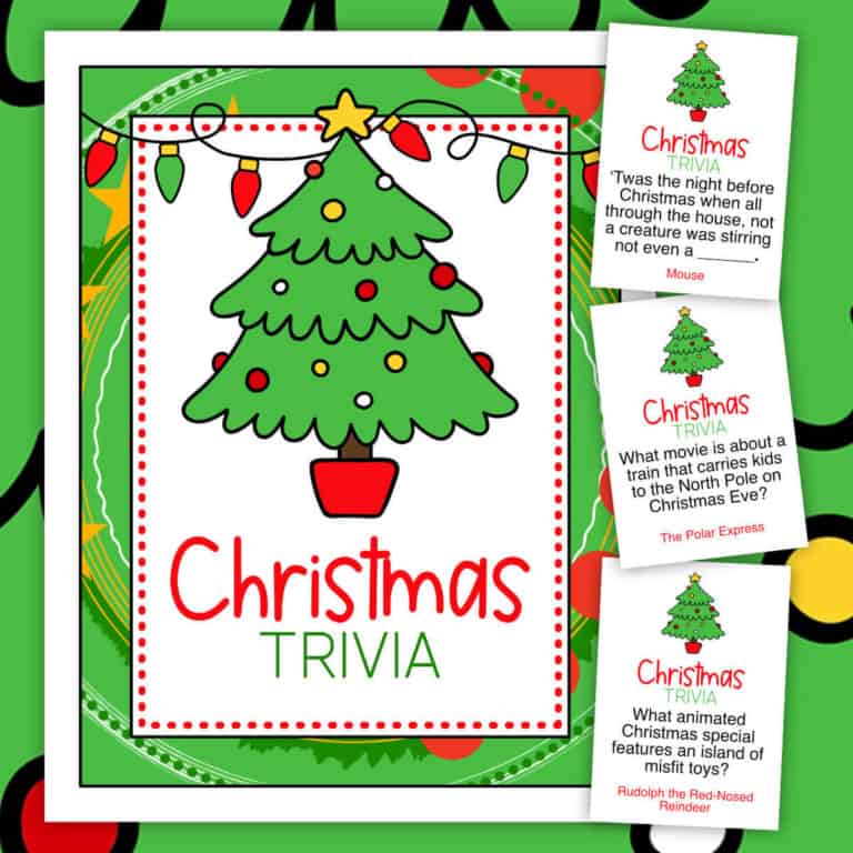 Image of a Christmas Trivia sign with a clipart Christmas tree and three trivia cards.