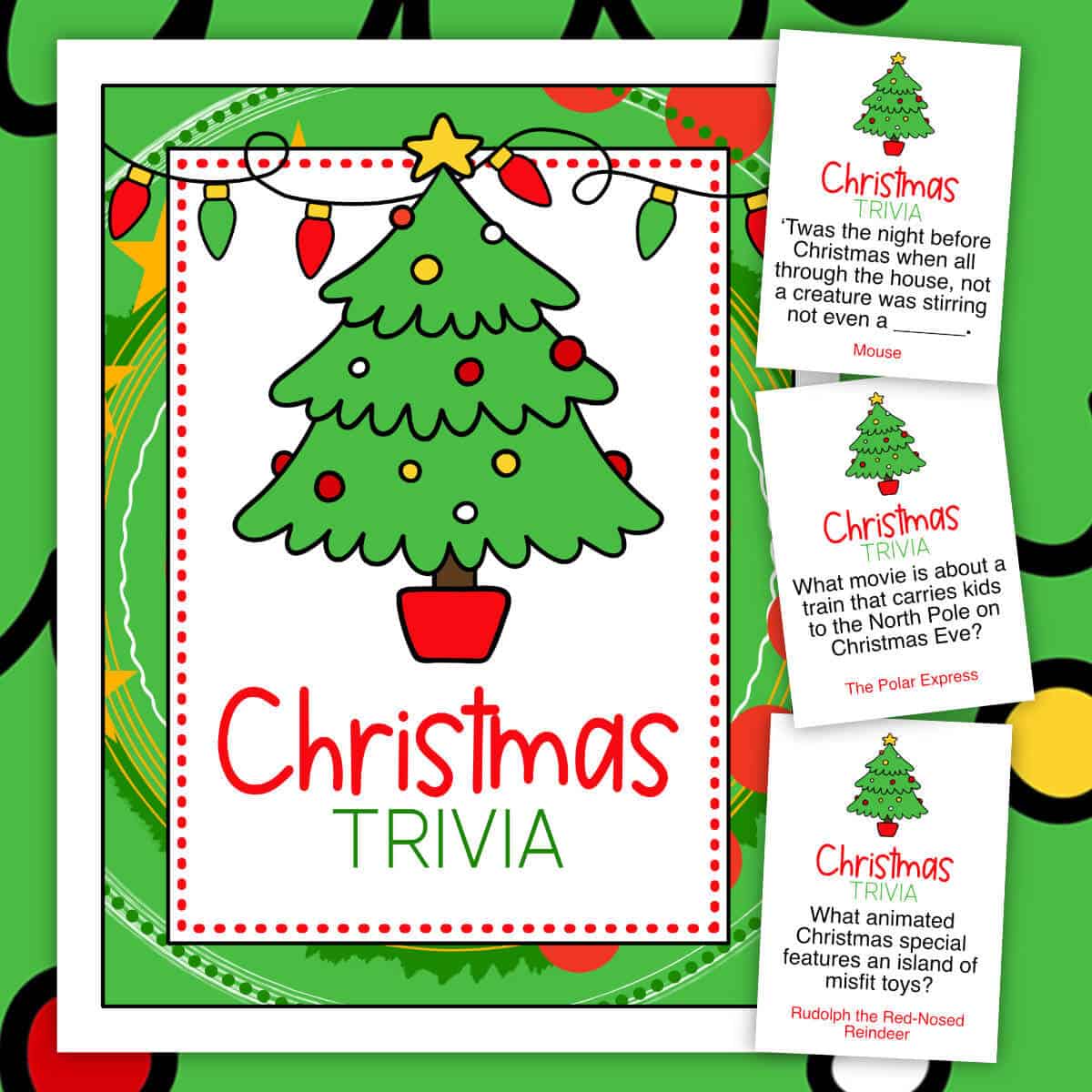 Image of a Christmas Trivia sign with a clipart Christmas tree and three trivia cards.