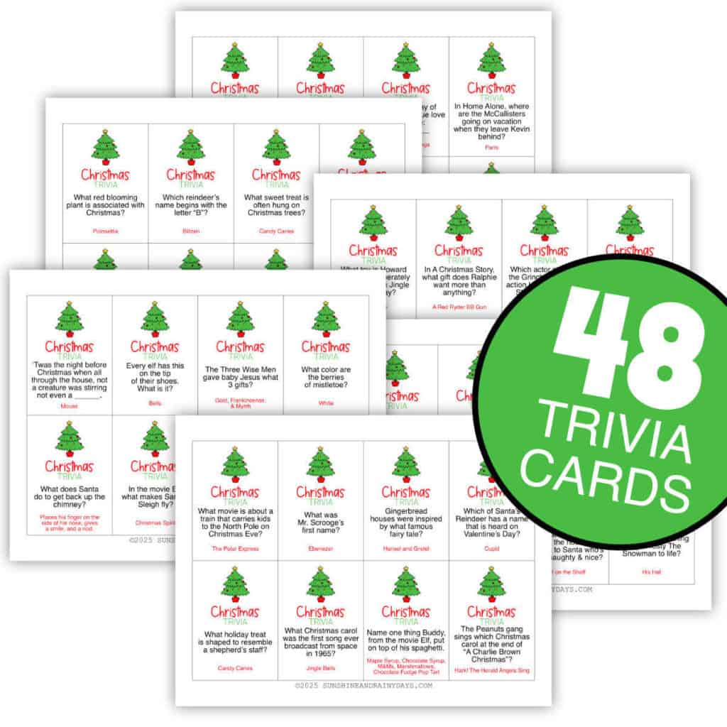 Image of six pages with eight Christmas trivia cards on each page.