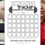 Printable Exercise Tracker page in front of a woman working out.