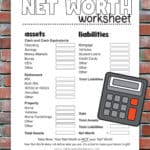 Image of a printable Net Worth Worksheet with a brick wall behind it and a clipart calculator.