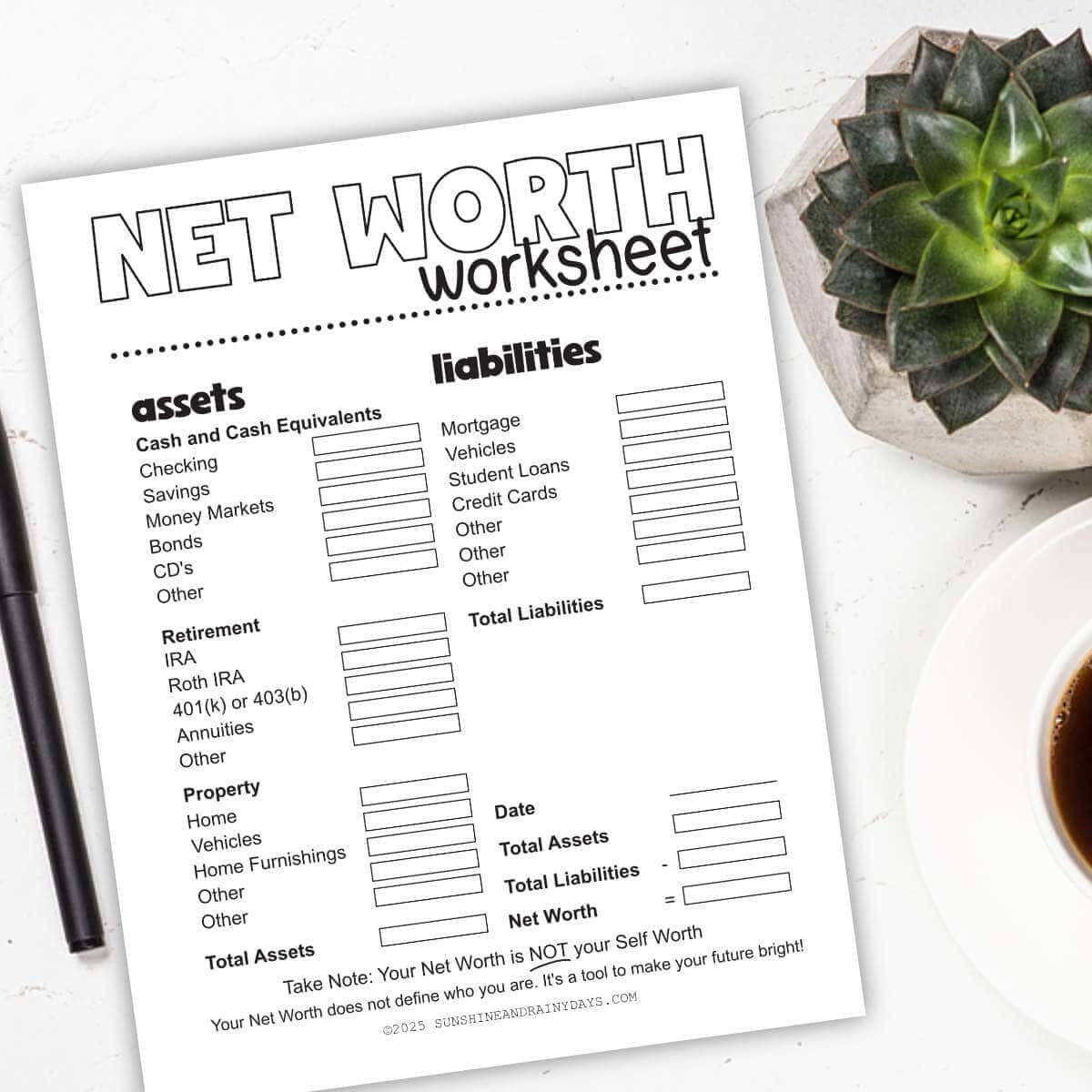 Image of a Net Worth Worksheet next to a pen, plant, and cup of coffee.