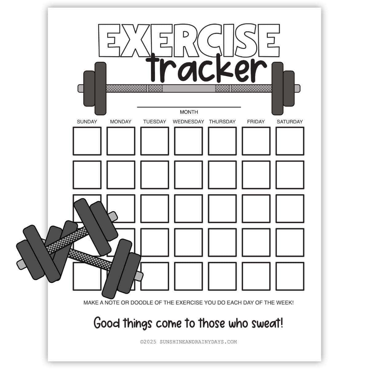 Printable Exercise Tracker page with clipart dumbells in front.