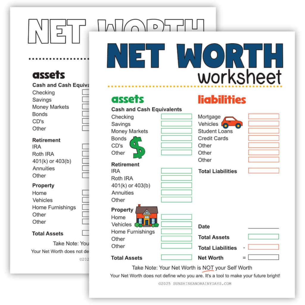 Printable Net Worth Worksheet in full color or black and white.