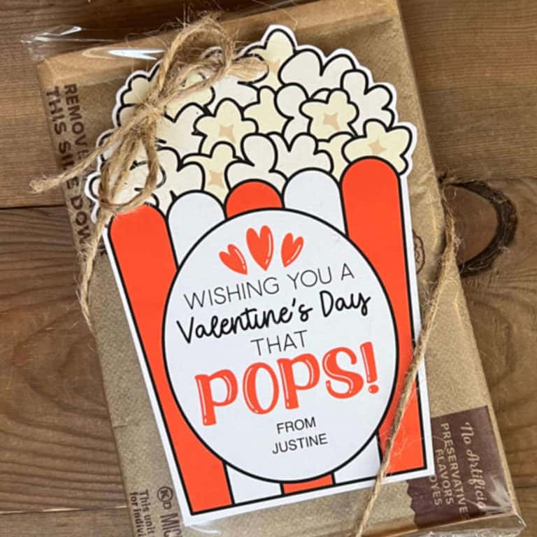 Personalized popcorn tag on a bag of microwave popcorn.