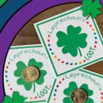 Printable Leprechaun Loot cards with gold dollar coins and a clip art rainbow.