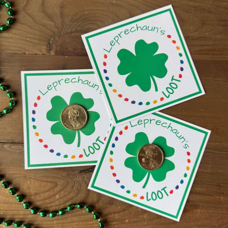 Three Leprechaun's Loot Tags with gold dollar coins in the center.