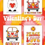 Images of four Printable Valentine's Day Cards with a tie-dyed background.