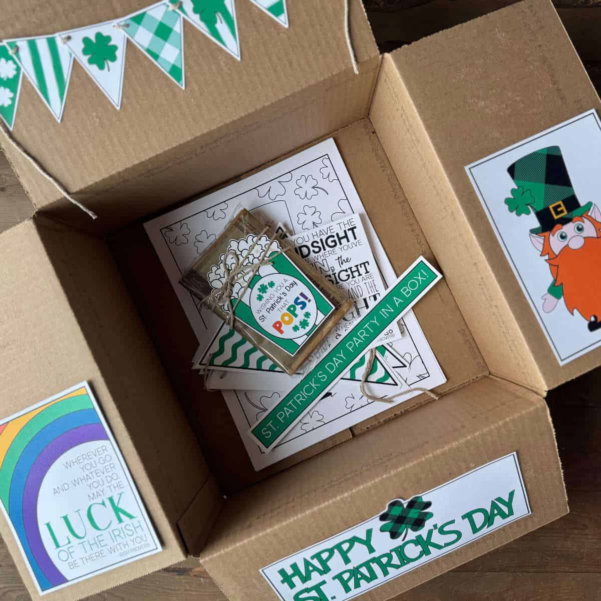 St. Patrick's Day care package box with box flap decor.