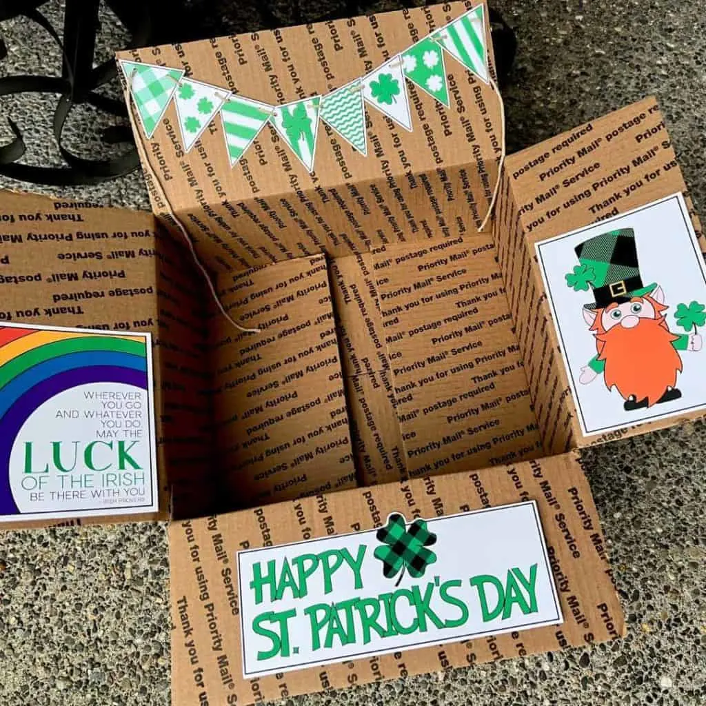 St. Patrick's Day care package box flap decor.