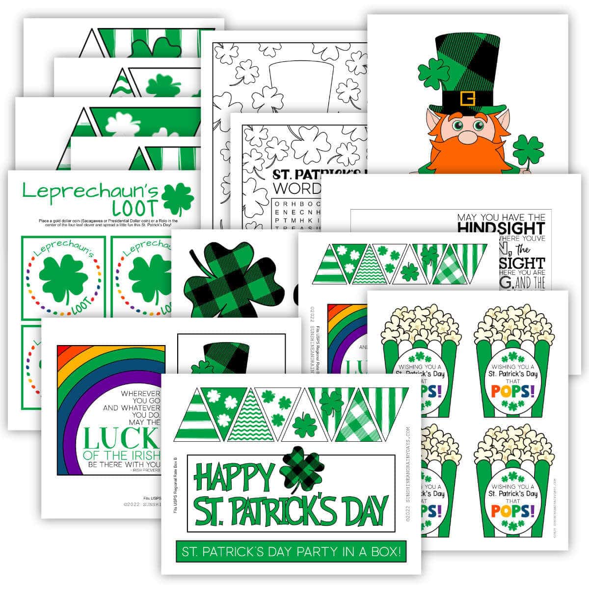 Printable pages for a St. Patrick's Day care package.