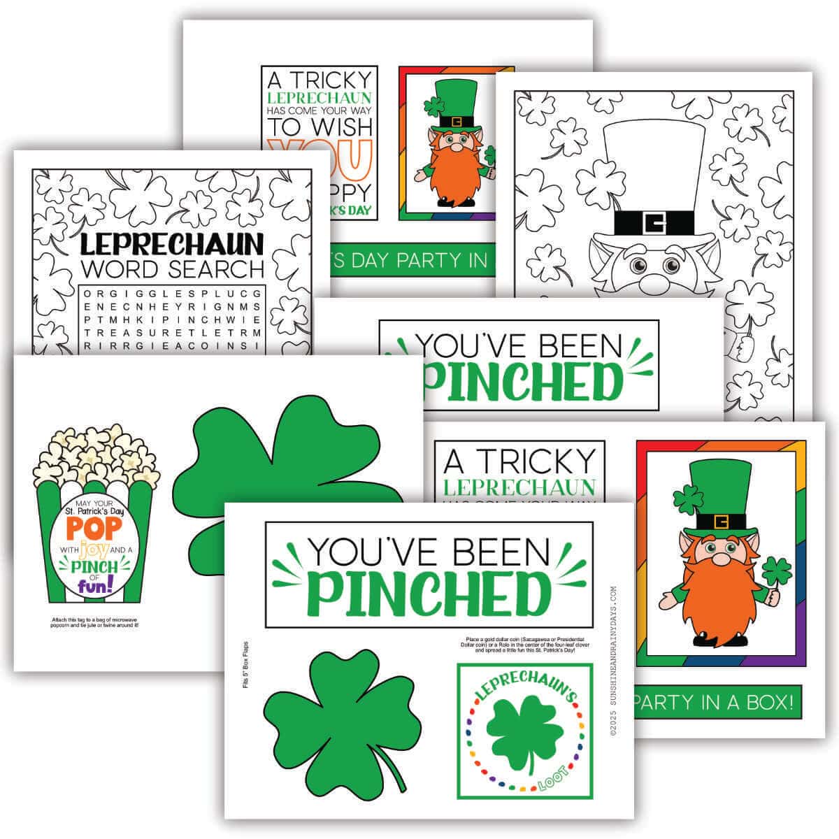 Printable pages to decorate a You've Been Pinched St. Patrick's Day care package.