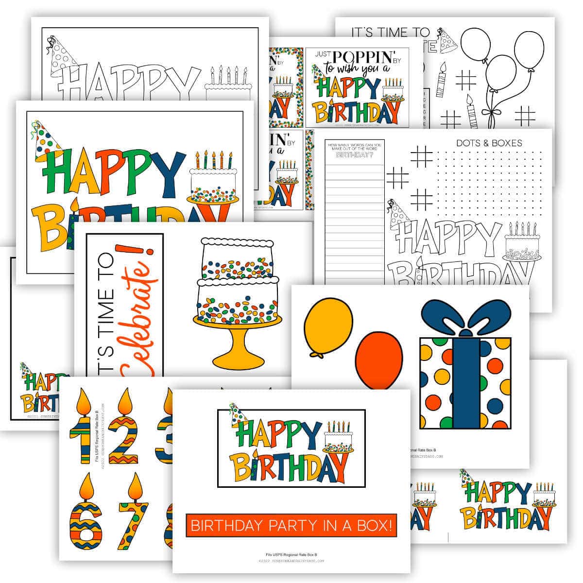 Printable pages to decorate a Birthday Party In A Box to send.