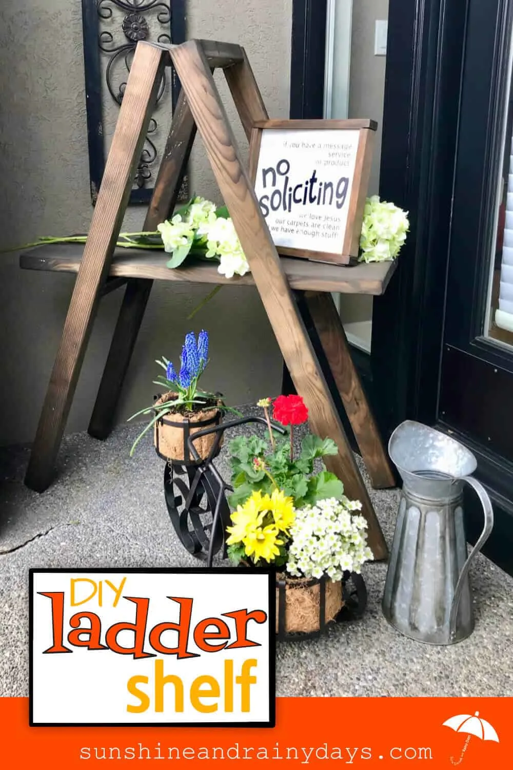 This DIY Ladder Shelf helps decorate the front porch!