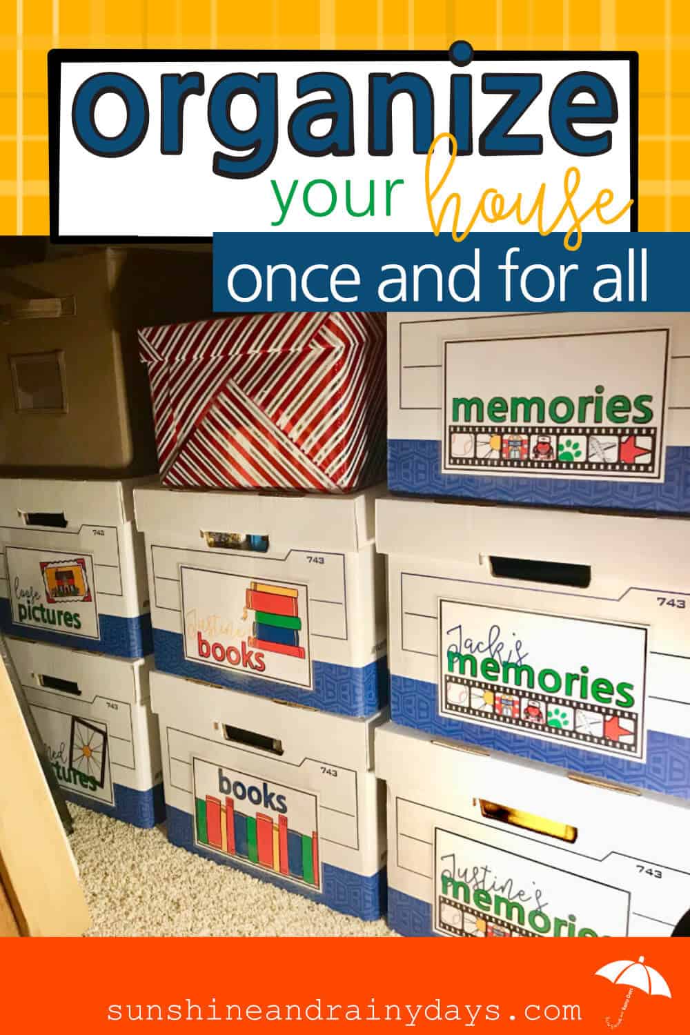 Labeled boxes stored under the stairs