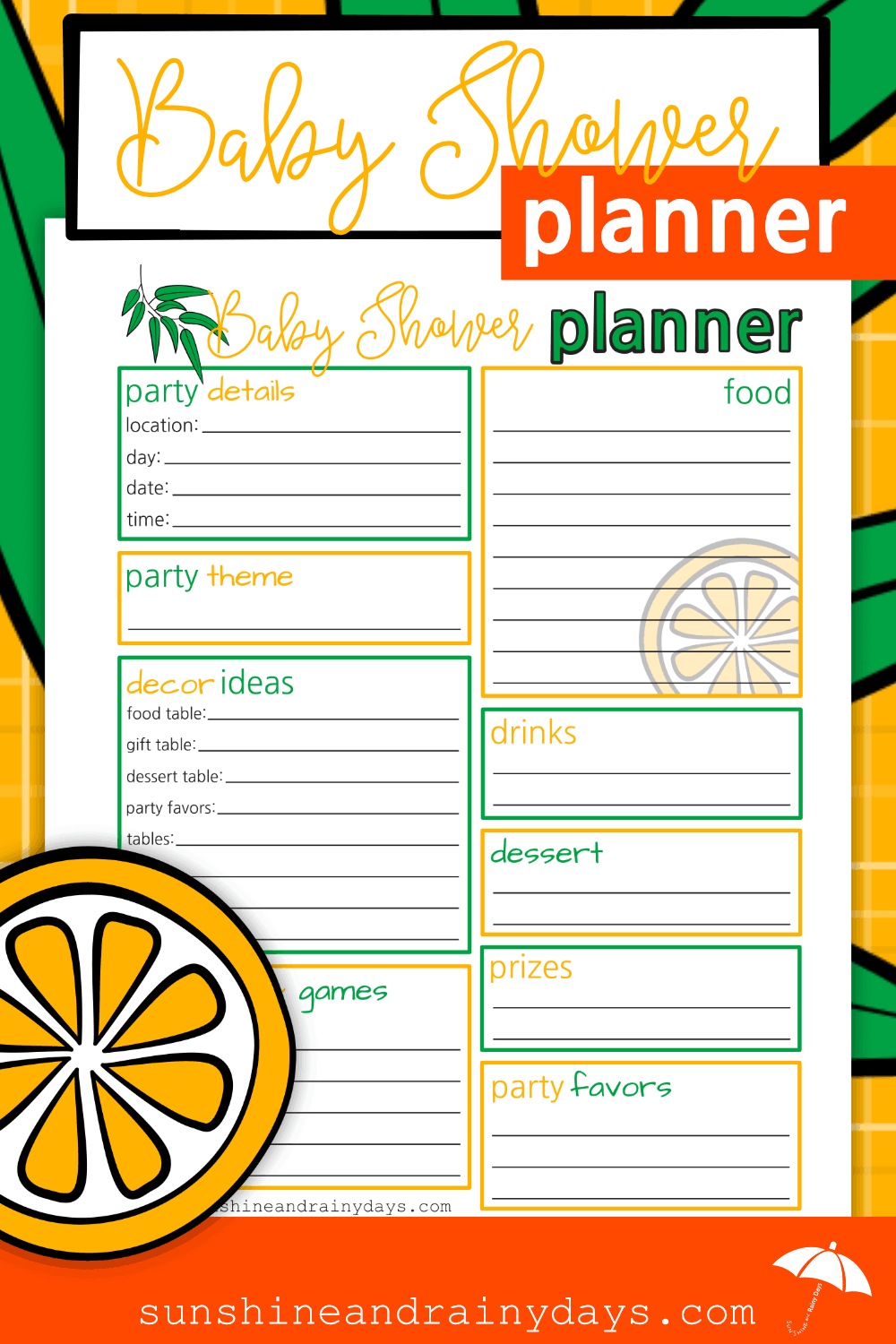 Baby Shower Planner Sunshine and Rainy Days