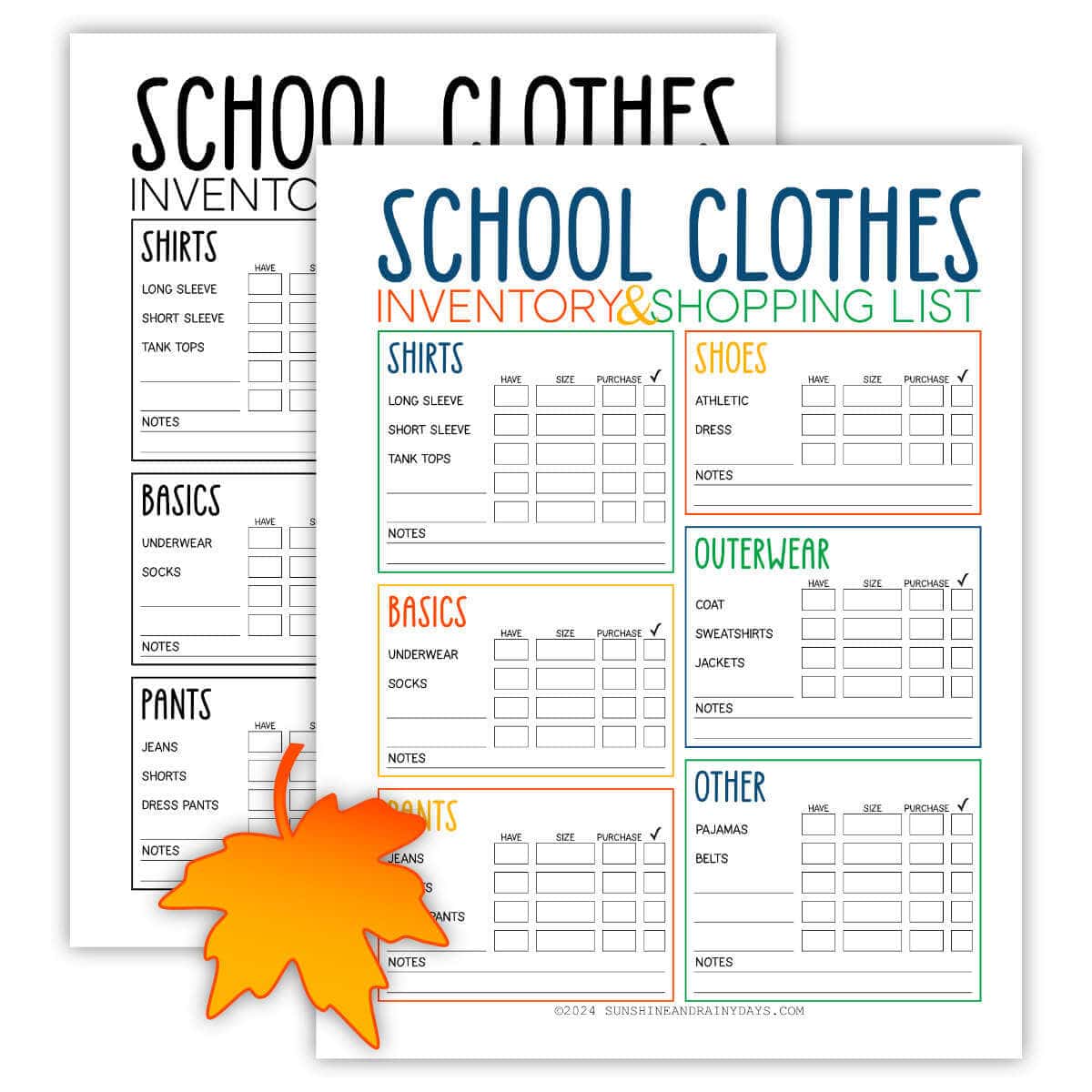 Printable back-to-school shopping lists in black and white and full color.