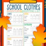 Printable school clothes inventory and shopping list on a clipart clipboard.