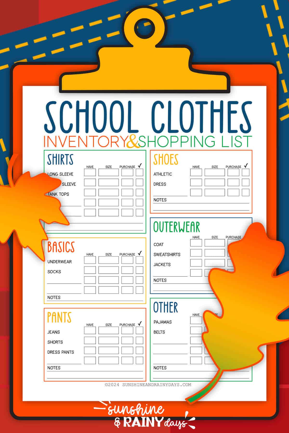 Printable school clothes inventory and shopping list on a clipart clipboard.