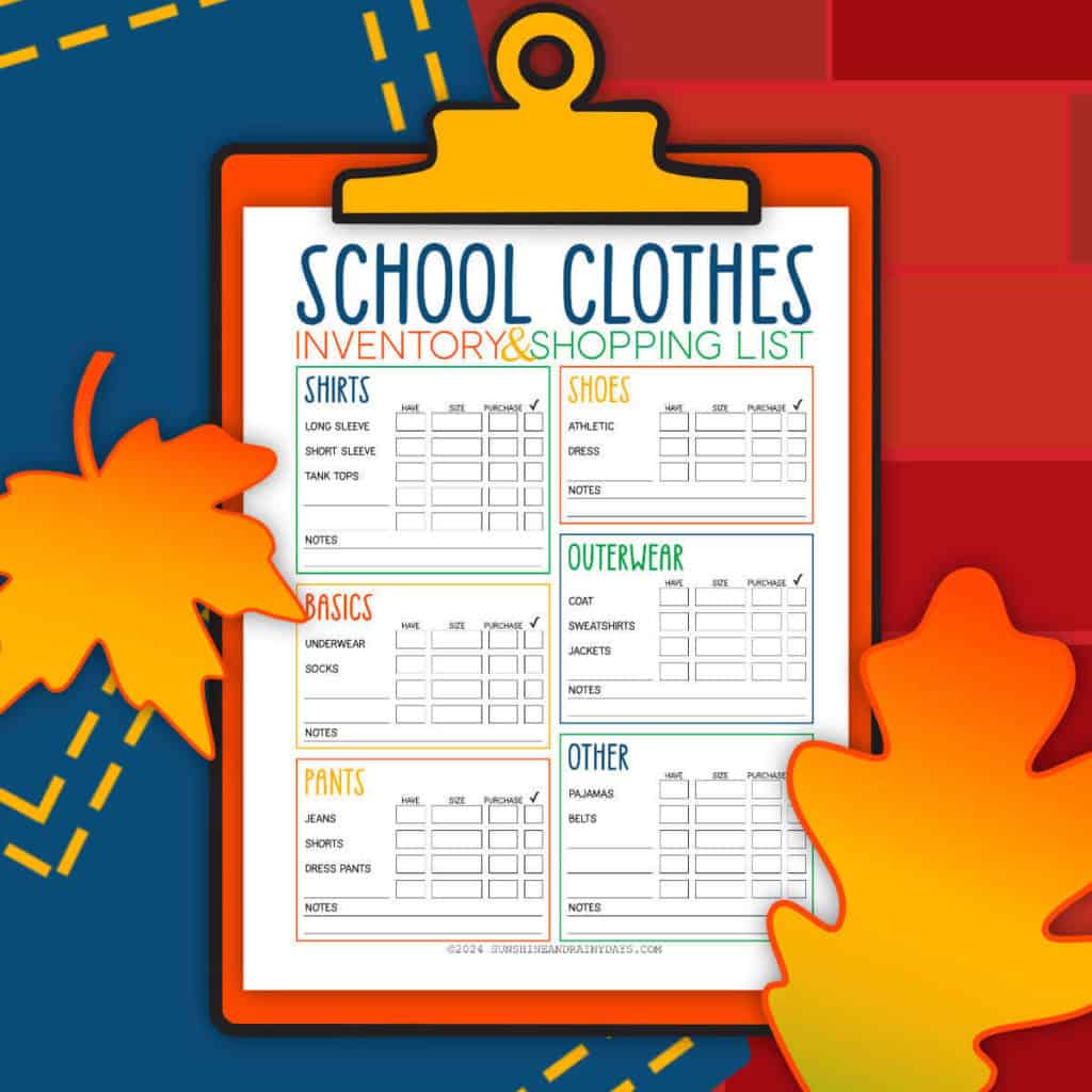 Printable back-to-school clothes shopping list on a clipart clipboard with fall leaves.