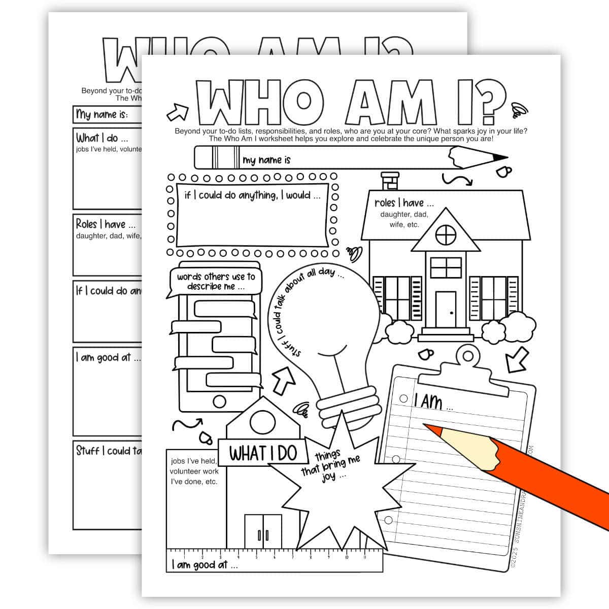 Image of two printable pages with a Who Am I theme and a clipart red pencil in front.