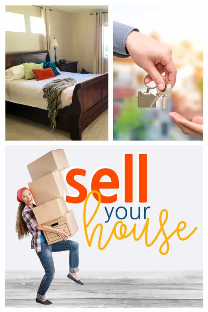 Girl carrying boxes with the words: Sell Your House