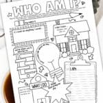 Image of a printable Who Am I worksheet with a cup of coffee and a succulent nearby.