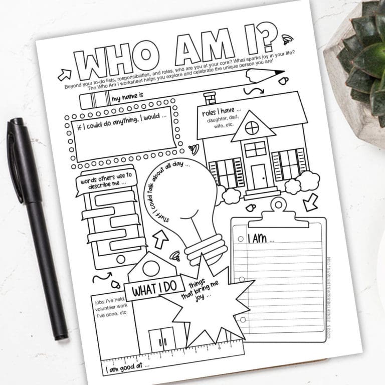 Image of a who am I worksheet printable next to a pen and a succulent.