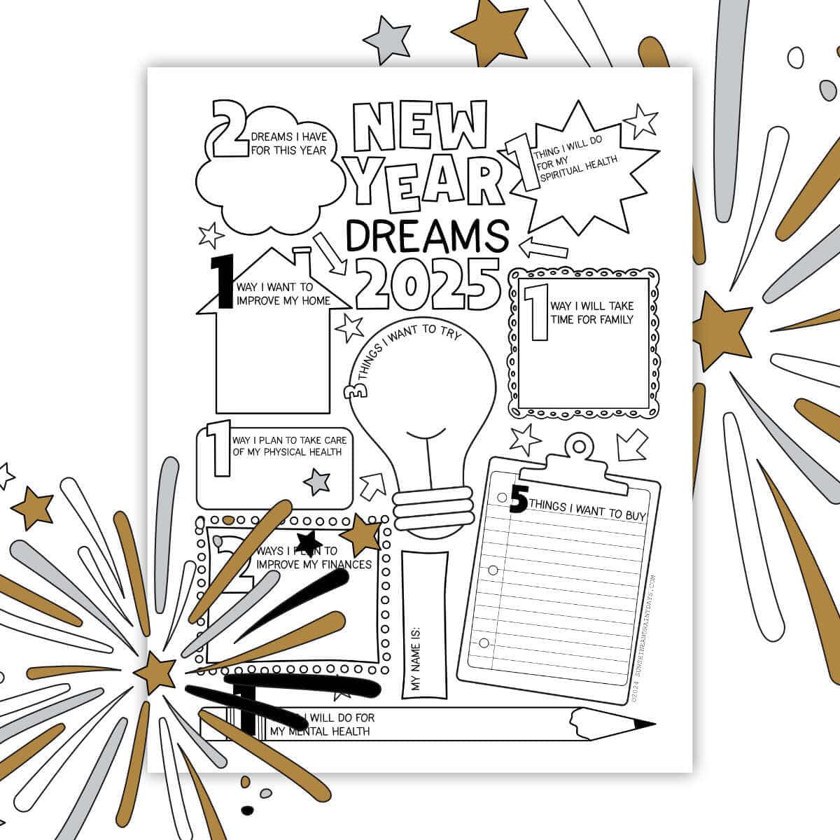 2025 Dream Sheet with doodles and clipart fireworks.