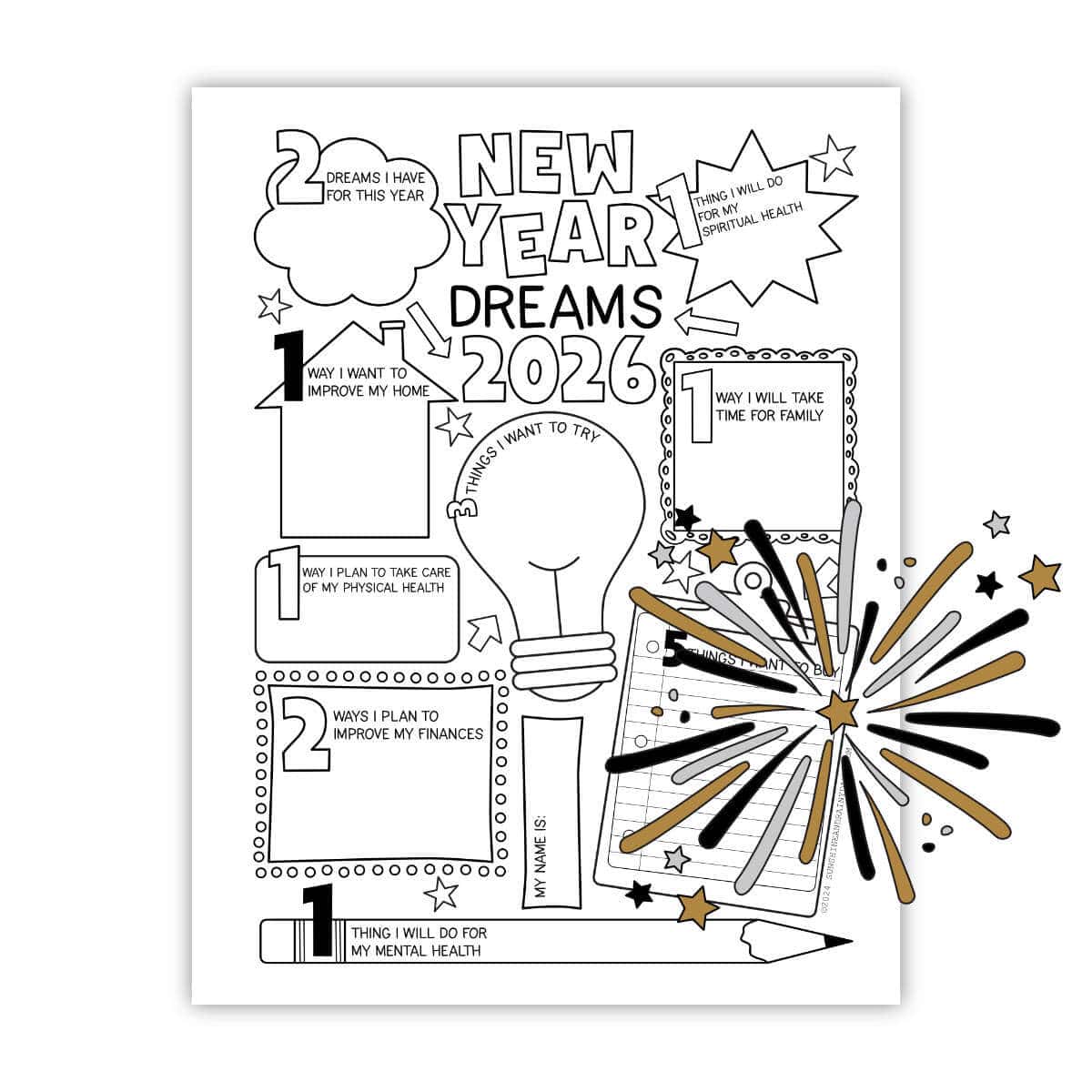 Image of a printable page with the words New Year Dreams 2026 and clipart fireworks in front.
