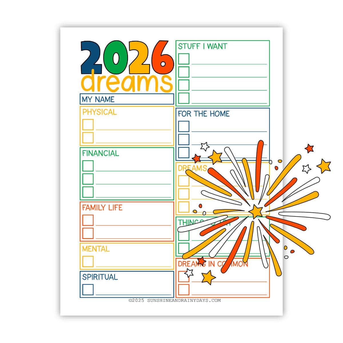Image of a printable sheet of paper that says 2026 Dreams and has spaces to write things in.