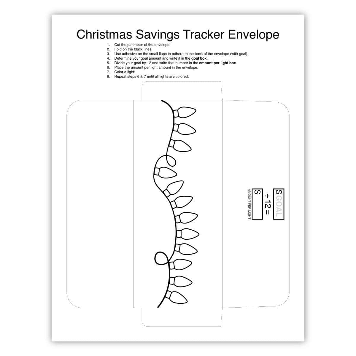 Image of a printable page with a Christmas Savings Tracker Envelope on it.