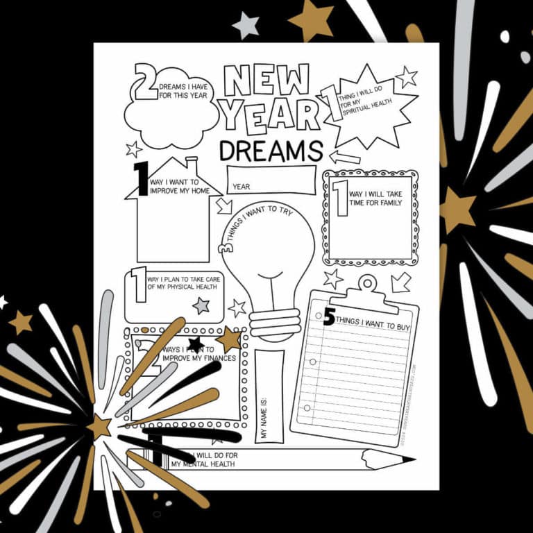 New Years Goals Dream Sheet printable page with clipart fireworks around it.