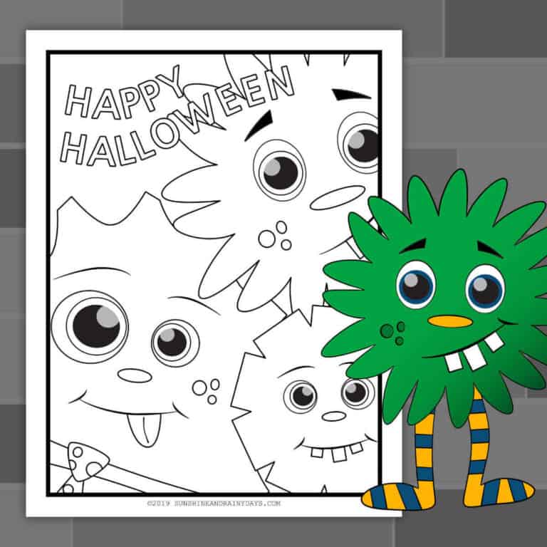 Image of a Halloween coloring page with cute little monsters.