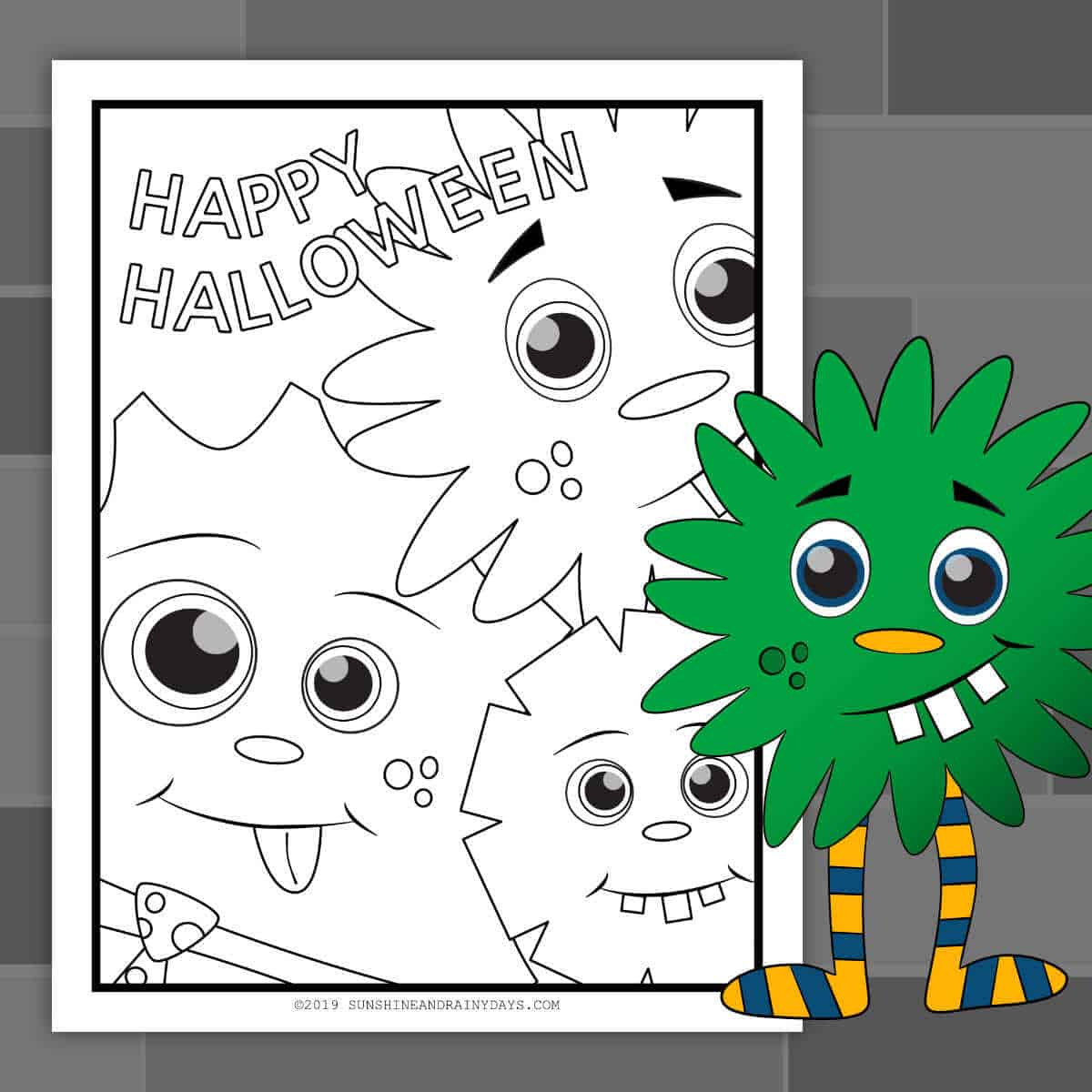 Happy Halloween coloring page with little cute monsters.